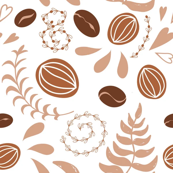 Vector floral seamless pattern. Hand drawn botanical backdrop. Coffee colors coffee beans — Stock Vector