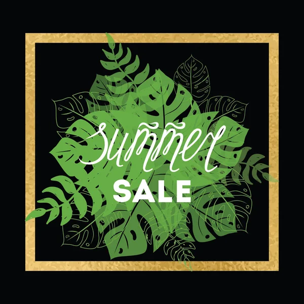 Banner de venda de verão com folhas tropicais com moldura dourada no preto — Vetor de Stock