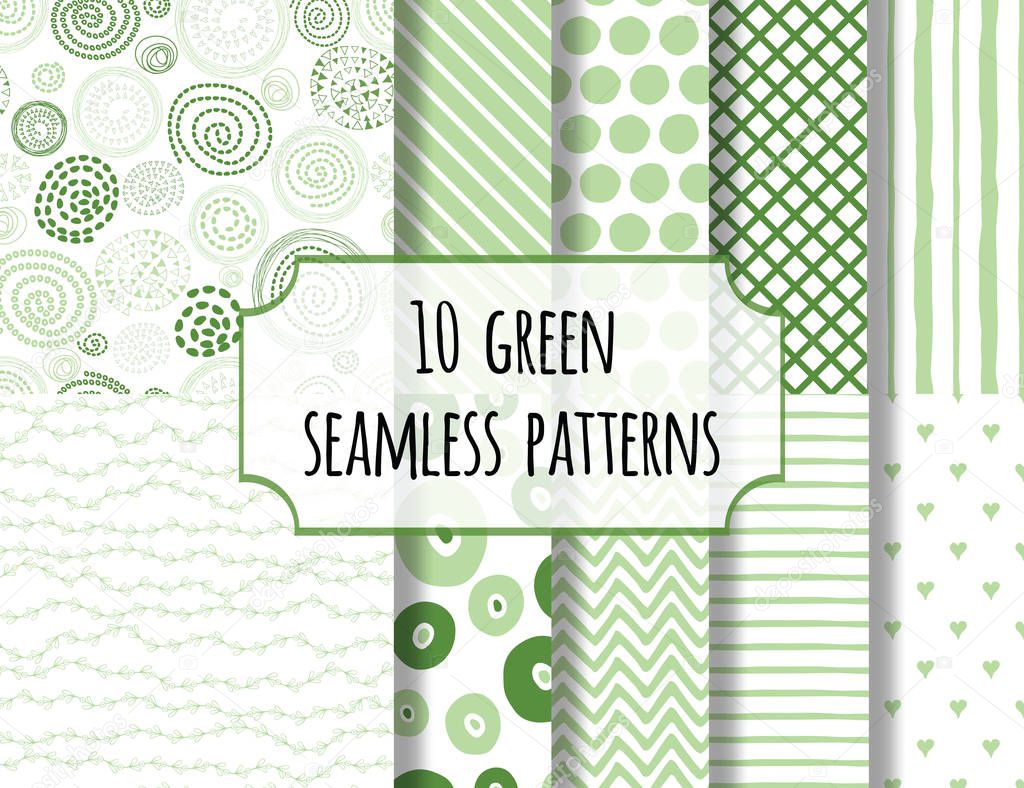 Vector set of cute green hand drawn pastel background patterns.