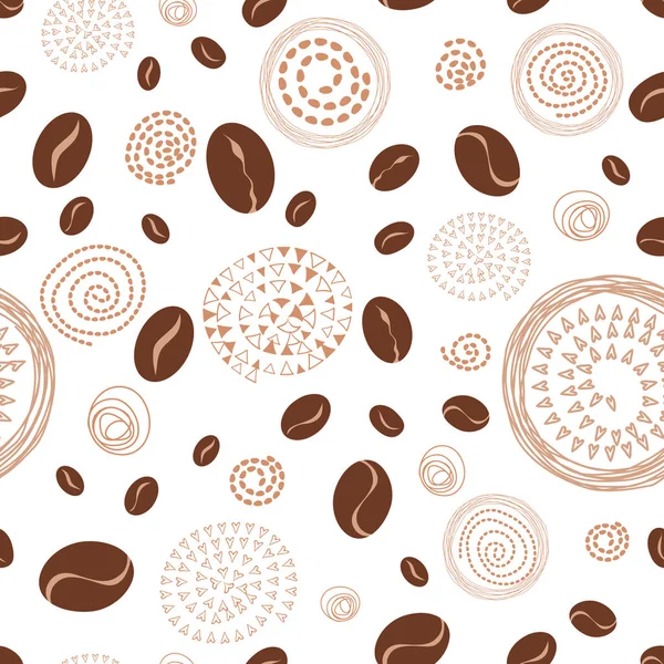 Sfondo senza cuciture modello geometrico con chicchi di caffè e disegnato a mano cerchio ornato — Vettoriale Stock