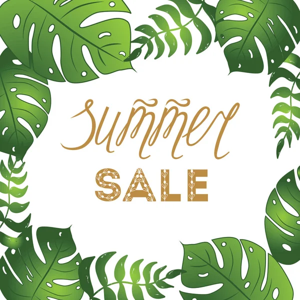 Summer sale calligraphic poster decorated tropical leaves — Stock Vector