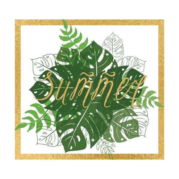 Summer banner with tropical leaves with gild frame on the white — Stock Vector