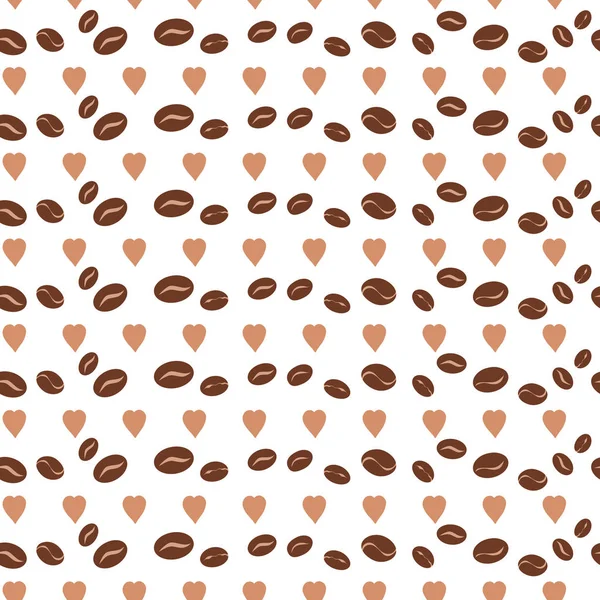 Modello geometrico senza cuciture realizzato su chicchi di caffè marrone e cuori in colore marrone caffè — Vettoriale Stock