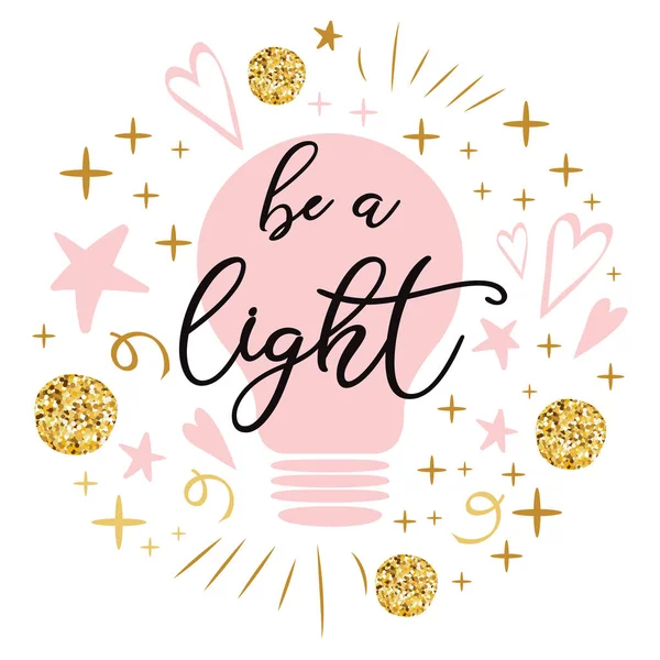 Vector light bulb lamp symbol concept of idea pink golden colors Text Be a light — Stock Vector