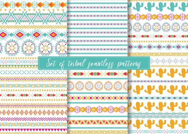 Set of six ethnic seamless patterns. Aztec geometric backgrounds. Stylish navajo design. — Stock Vector