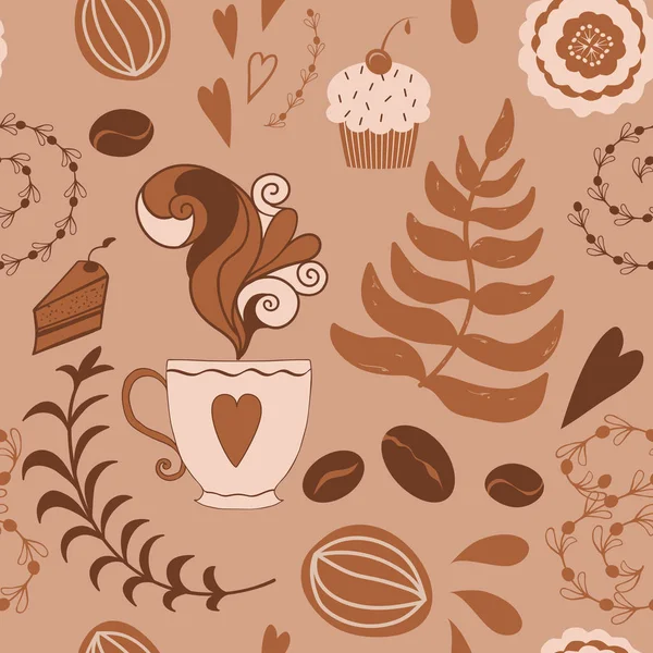 Patrón de café sin costuras vector marrón con elementos de café garabato dibujado a mano — Vector de stock