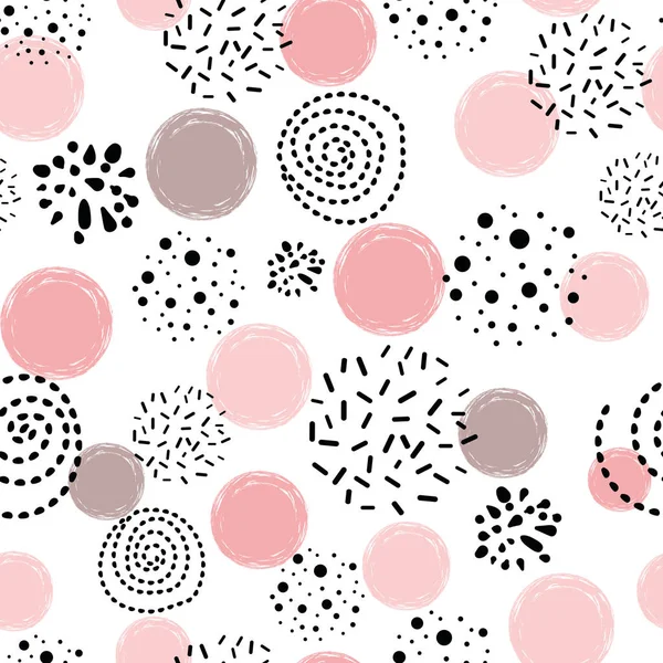 Vector model fără sudură polka dot ornament abstract decorat roz, mână neagră desenate forme rotunde — Vector de stoc