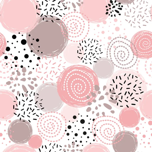 Vector seamless pattern polka dot abstract ornament decorated pink, black hand drawn round shapes background — Stock Vector