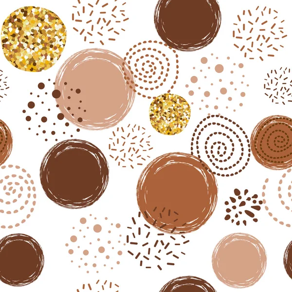 Café patrón abstracto sin costura vector marrón patrón con elementos redondos dibujados a mano — Vector de stock
