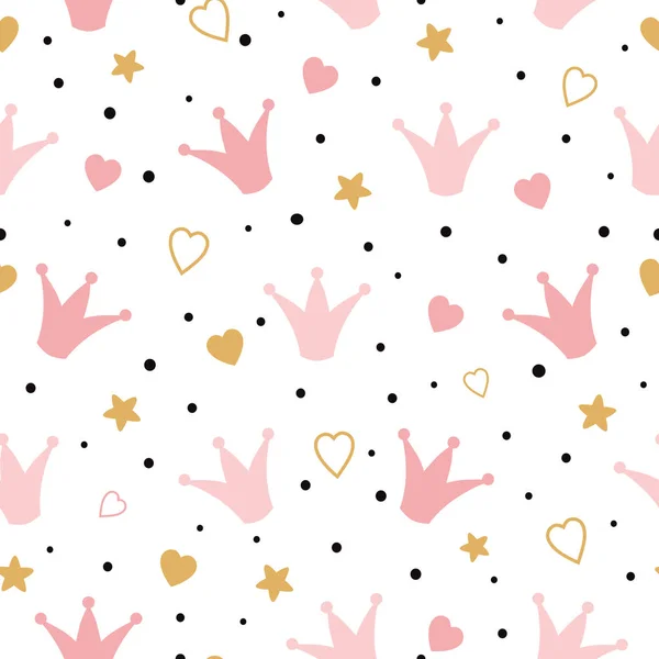 Seamess μοτίβο με doodle ροζ κορώνες καρδιές Διάνυσμα κοριτσάκι ταπετσαρία Μικρή πριγκίπισσα σχέδιο — Διανυσματικό Αρχείο