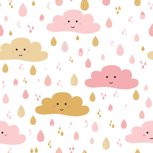 Χαριτωμένο ροζ αδιάλειπτη μοτίβο φόντο χαμόγελο σύννεφα βροχερές σταγόνες μικρά κορίτσια ταπετσαρία μωρό — Διανυσματικό Αρχείο