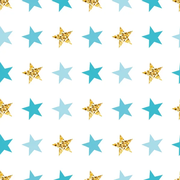 Azul estrela de ouro sem costura padrão de fundo. Estrelas brilhantes douradas no branco . —  Vetores de Stock