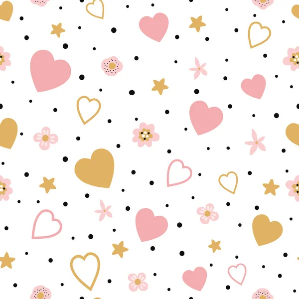 ロマンチックなゴールドピンクのシームレスな花の愛のパターン子供赤ちゃん生地テキスタイルパジャマバレンタインデー結婚式の愛 — ストックベクタ