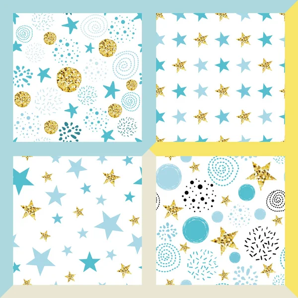 Star seamless pattern Set of hand drawn cute seamless glitter bright backgrounds with gold blue stars Vector — Stock Vector