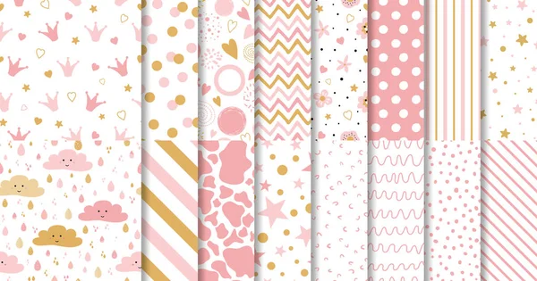 Sada roztomilé sladké růžové bezešvé vzory tapety pro malé holčičky růžové pozadí kolekce — Stockový vektor