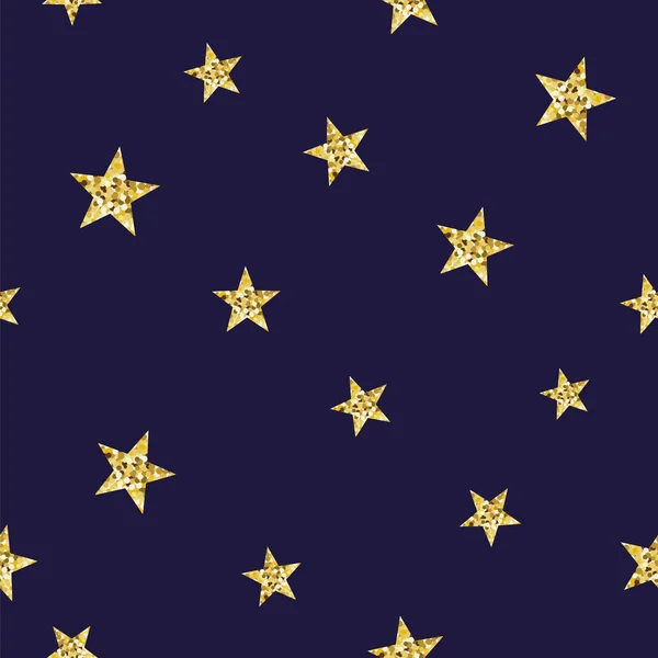 濃い青の背景に金の輝きのテクスチャの星と夜のシームレスなパターンベクトルテクスチャ. — ストックベクタ