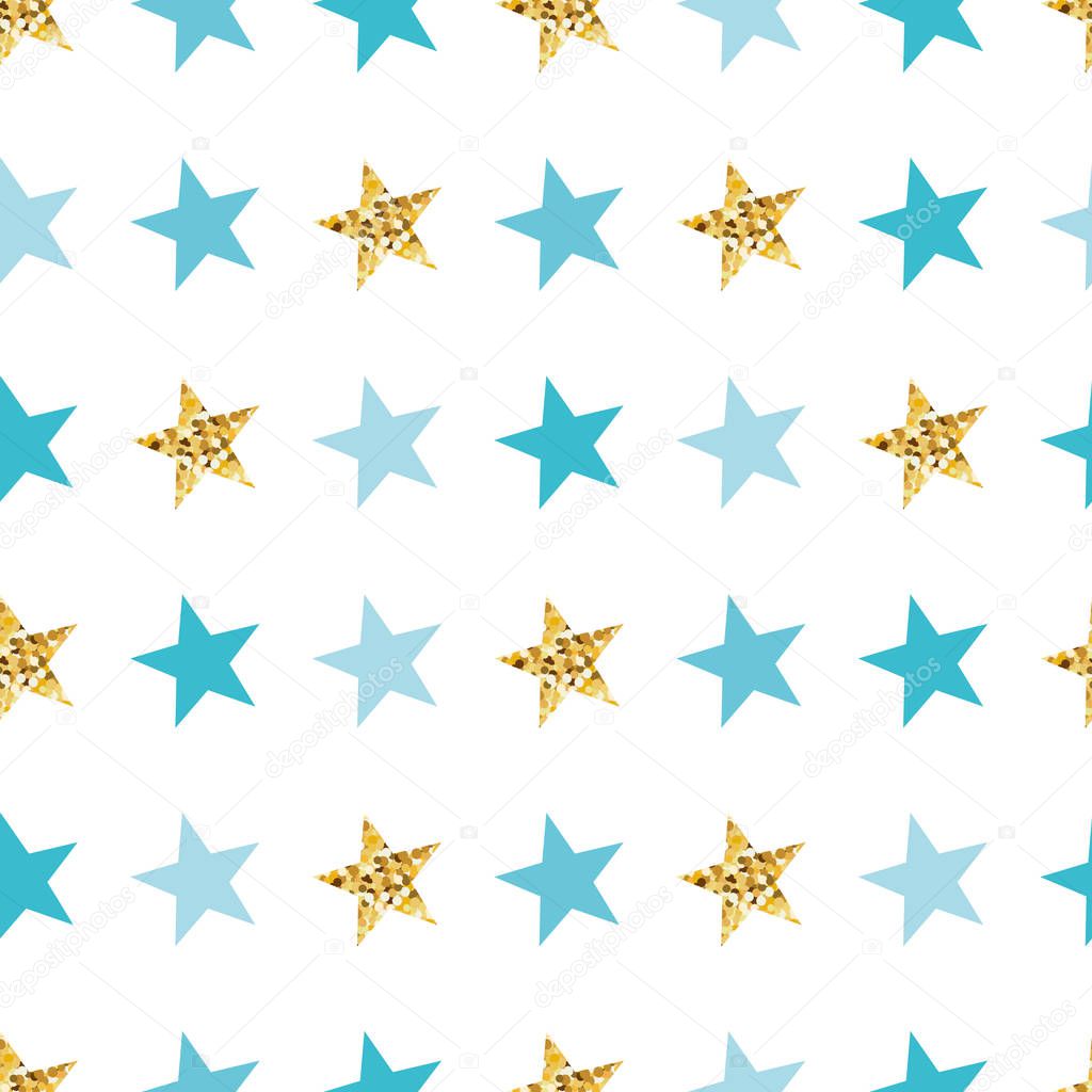 Blue gold star seamless pattern background. Golden glitter stars on white.