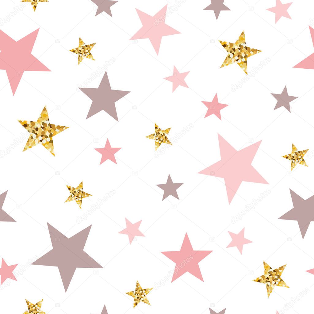 Vector pink seamless pattern gold glitter stars pink for Christmas backgound or baby shower sweet girl design