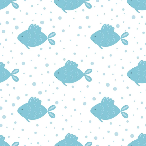 魚のシームレスなパターン かわいい漫画の魚の子供たちの背景 海洋生物の印刷物 海の水中ファブリックデザイン 子供の描画スタイルの赤ちゃんの動物水中 かわいい夏の海のバナー ベクターイラスト — ストックベクタ