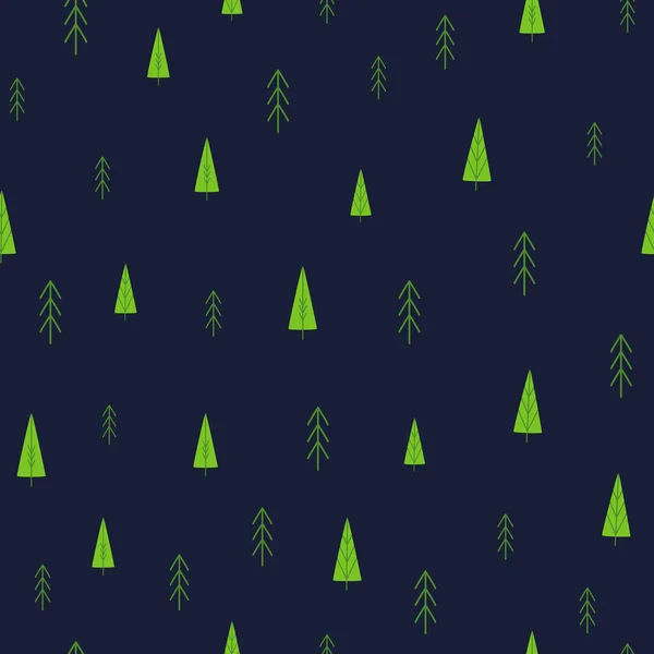 Cute forest background. Green trees on dark blue Vector hand drawn cartoon seamless pattern. — Stockový vektor