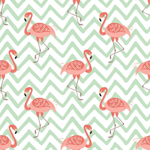 Pink flamingo seamless pattern on green szig zag background Tropical cute print Summer hawaii exotic design Vector — Stock Vector