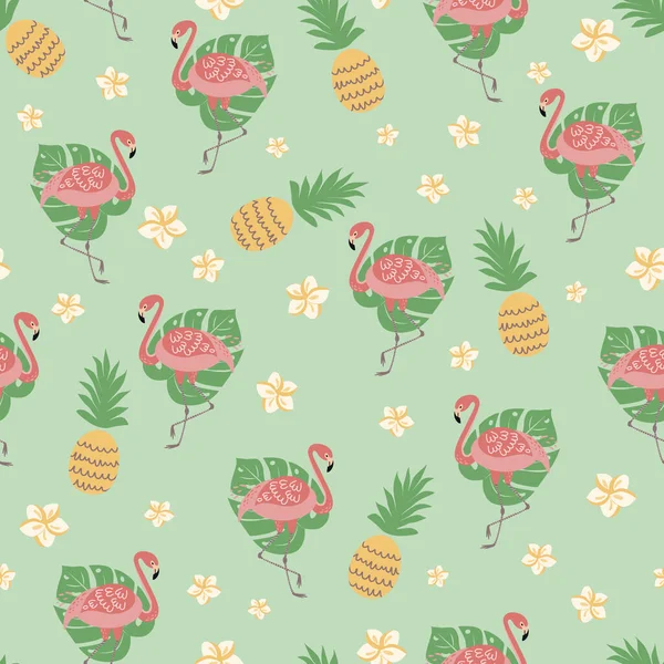 Flamingo sem costura padrão Impressão tropical Flores de abacaxi bonito no fundo mentol verde Vector —  Vetores de Stock