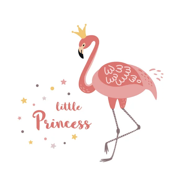 Flamingo Princess Niedliche rosa Flamingo Text kleine Prinzessin isoliert auf weiß. Mädchen drucken Vektor — Stockvektor