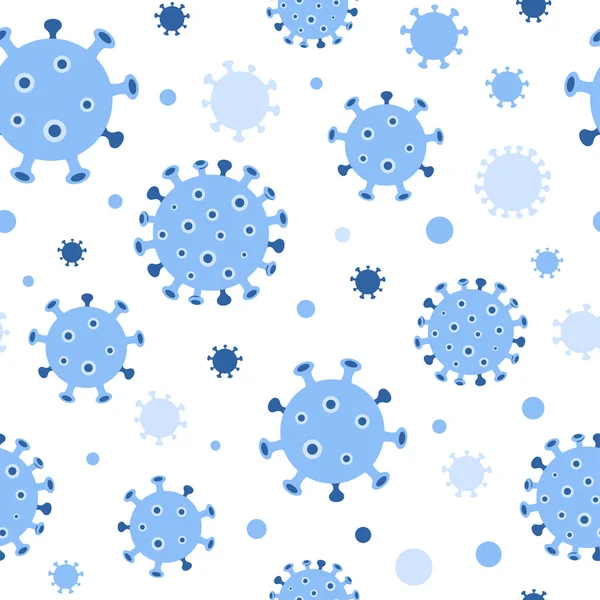 Patrón sin costura de Virus Corona en colores azules. Antecedentes de Coronavirus COVID 19 bacterias. Panademiya ilustración . — Foto de Stock