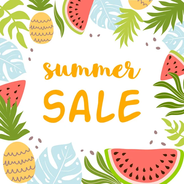 Summer Sale Template Summer Background Tropical Leaves Fruits Watermelon Pineapple — Stock Vector