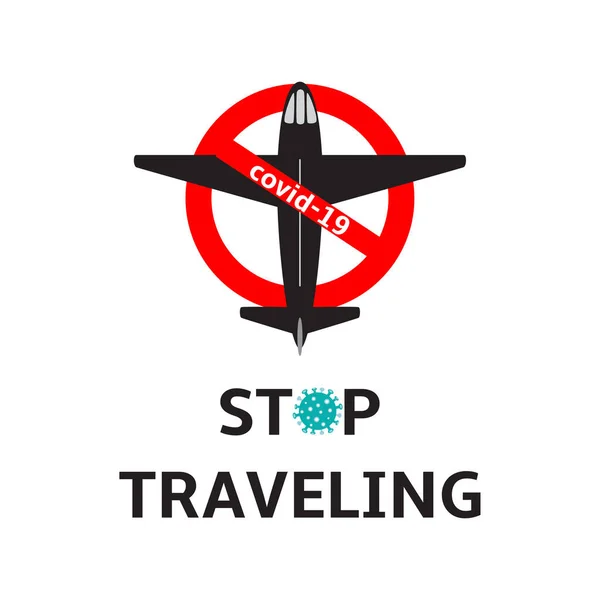Σταματήστε Ταξίδι Κόκκινο Σημάδι Σχήμα Του Αεροπλάνου Covid Πρόληψη Του — Διανυσματικό Αρχείο