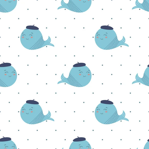 Whales seamless pattern Cute animals character. Baby shower design Sea background Blue whales