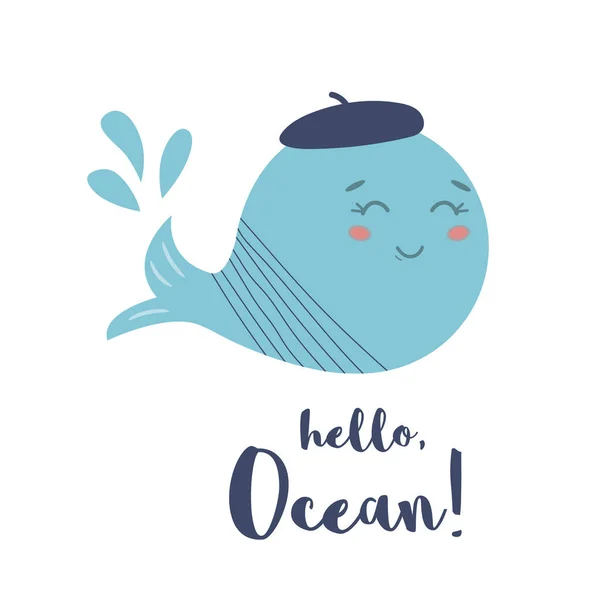 Şirin balina mesajı Merhaba okyanus şirin bebek baskısı Artistik grafik poster Komik balina karakter Deniz kreş duvar sanat dekorasyonu — Stok fotoğraf