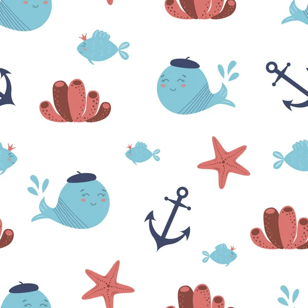 Cute underwater seamless pattern Sea animals whale, fish, anchor coral. Sea life background Kids fabric textile design endless pattern — Stock Photo, Image