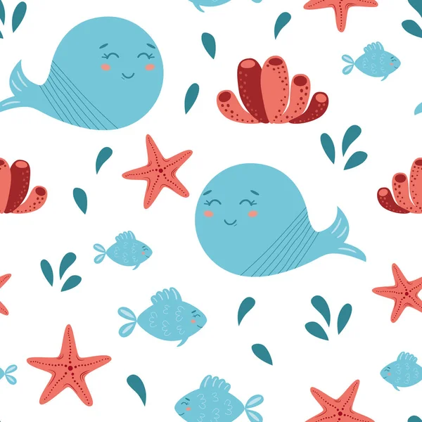 Fish sea seamless pattern. Cute whales fish star coral sea seamless background Funny kids fabric cloth design — Stock Photo, Image