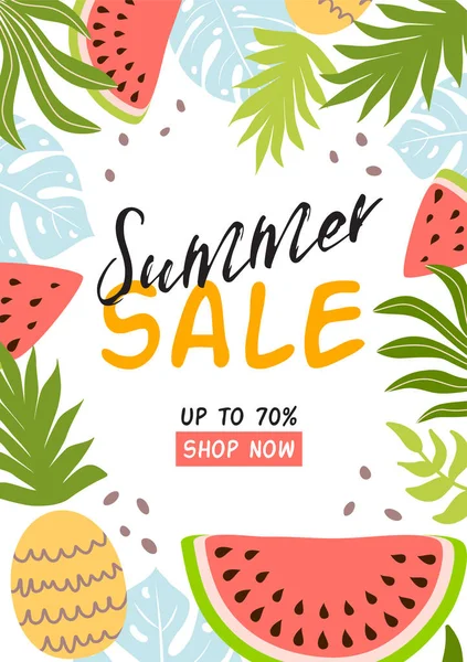 Summer sale banner. Summer background with tropical leaves fruits Tropic sale template Vertical special offer for social network — Stock Photo, Image