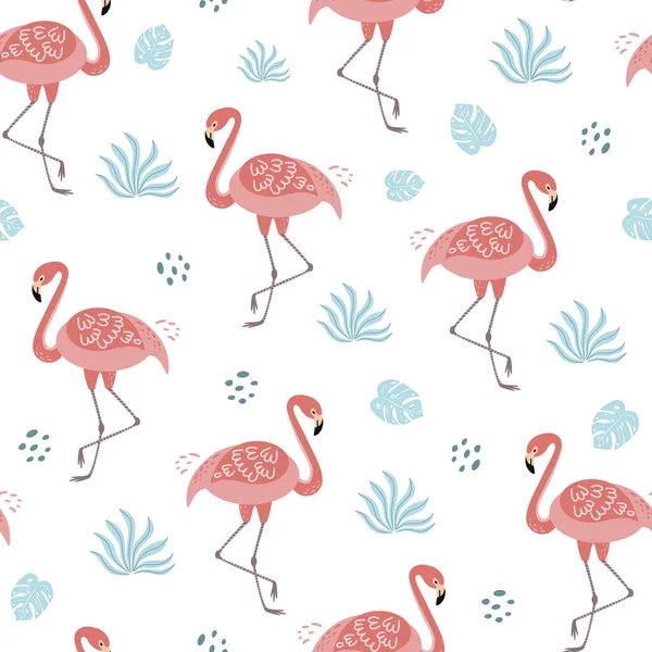 Pembe flamingo pürüzsüz desenli tropikal mavi yapraklar arka planda Tropik şirin baskılar Yaz Hawaii egzotik tasarımı — Stok fotoğraf