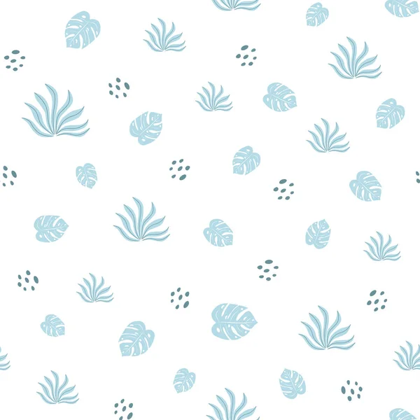 Patrón inconsútil tropical hojas azules sobre fondo blanco Estampado tropical lindo Diseño gráfico exótico hawaii de verano Hojas de palmera —  Fotos de Stock
