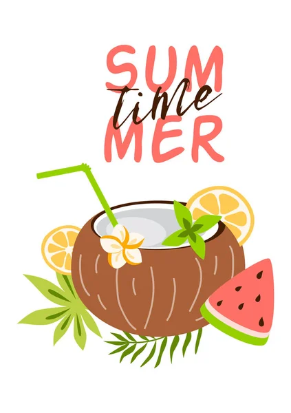 Coconut juice exotic fresh cocktail in fruit with plumeria, mint leaf wtermelon. Text Summer time Beach party poster — Stock Vector