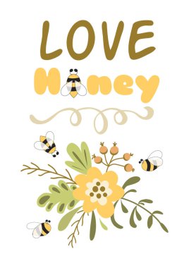 Arılı bal mesajı, açık sarı renkli çiçekler. Sevimli bir aşk ilanı. Bal arısı duvar sanatı. El çizimi tipografi romntic afiş. Bebek tasarımı. Sevgililer Günü düğünü. Vektör illüstrasyonu.