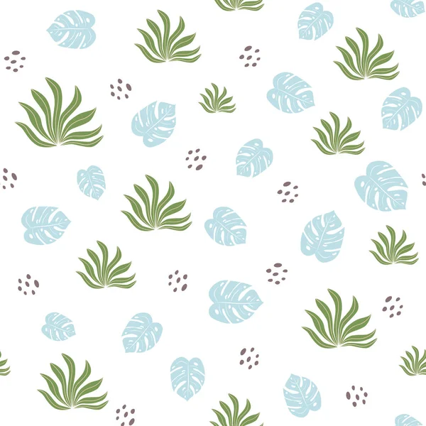 Зеленые Растения Тропический Бесшовный Рисунок Голубой Лист Монстры Белом Фоне — стоковое фото