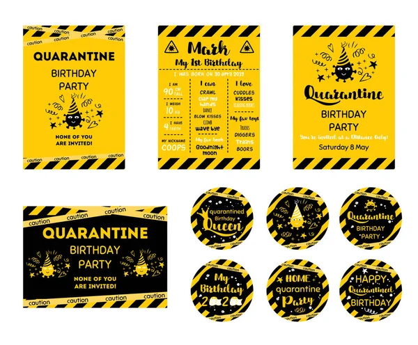 Quarantine Birthday set Home party invitation Yellow black Birthday cards upcake toppers Birth online party banner Vector — Stock Vector