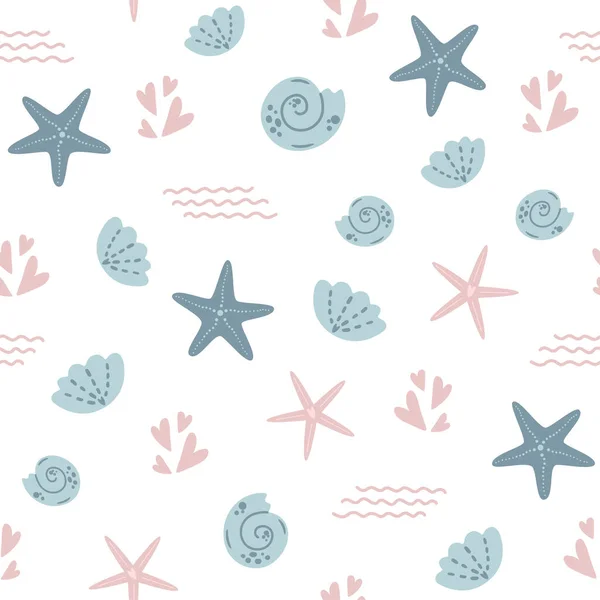 ヒトデのシームレスなパターン 夏の海の星のパターン かわいい貝殻ライトバックグランドナチュラルベビーテキスタイルデザイン 水生の子供のパターン 海の休暇のグラフィックデザインファブリックアパレルベクトルイラスト — ストックベクタ