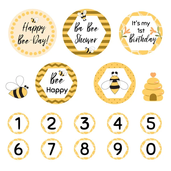 Feliz Día Abeja Cupcakes Toppers Conjunto Hony Bee Elementos Gráficos — Vector de stock