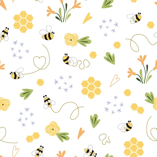 蜂の蜂蜜のパターン蜂のシームレスなパターンかわいい手は夏の牧草地の花を描いた 蜂のミツバチの背景手は蜂蜜のテンプレートを描いた 子供のファブリックデザイン 夏のイラスト 黄色の白い色 — ストック写真