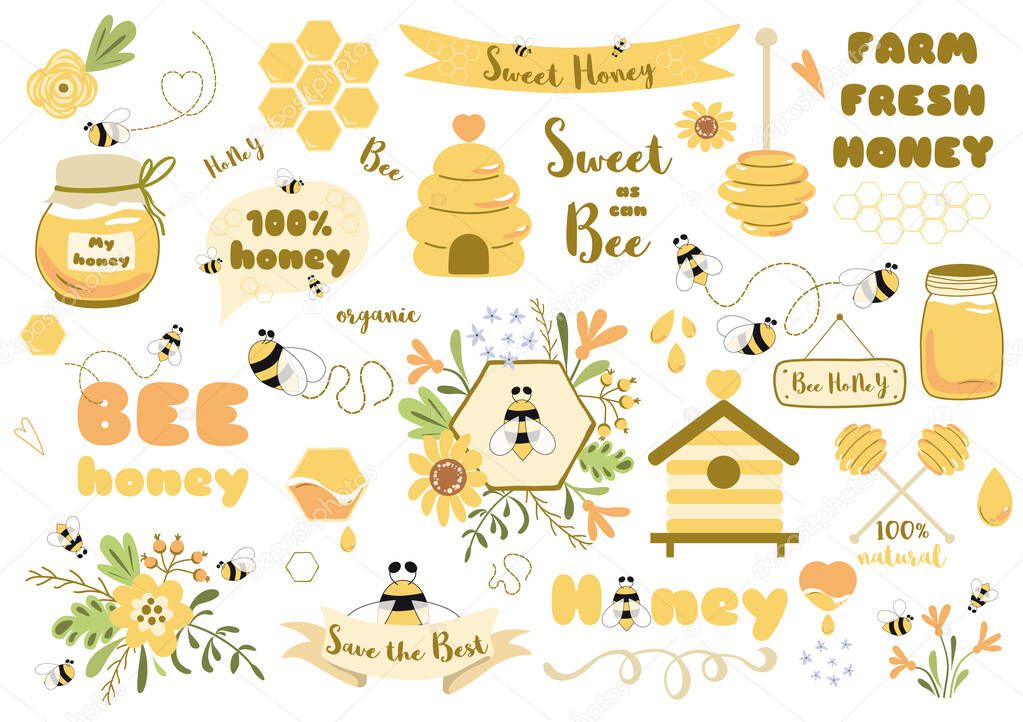 Bees set Cute honey clipart Hand drawn bee honey elements Hive honeycomb pot spoon beekeeping Text phrases in ribbon wreath Floral bee bouquet. Sticker tag icon logo Honey design kit illustration.