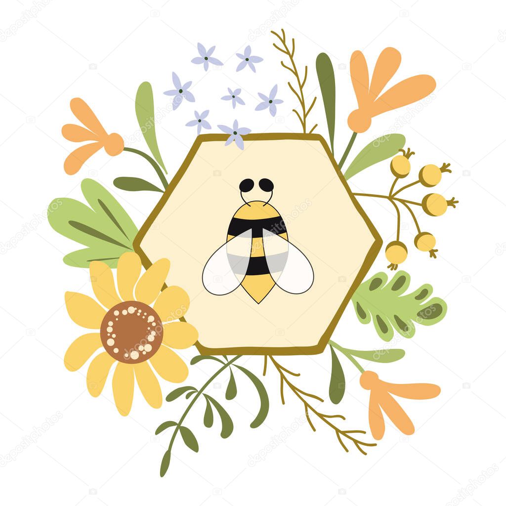 Honeycomb bee floral wreath print Cute hand drawn template label Yellow flowers herbs. Layout design for honey, cosmetic shop natural organic products. Organic plant background. Bee logo illustration.