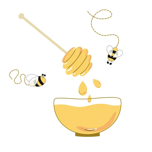 Honigschale Niedliche Biene Holzdipper Honigtropfen Isoliert Auf Weißem Hintergrund Cartoon — Stockfoto