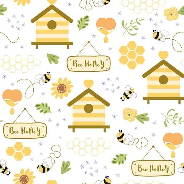 Bee Honung Sömlös Mönster Biodling Bakgrund Söt Handritad Bikupa Blommor — Stockfoto