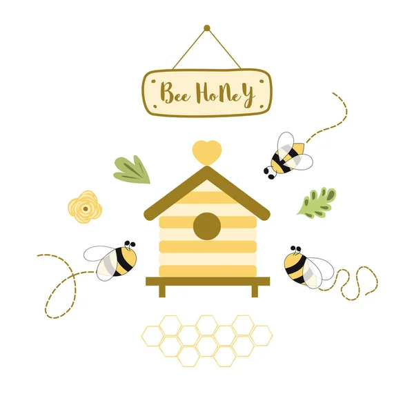 ミツバチハニーラベルデザイン 有機蜂蜜製品 パッケージデザインのための概念 かわいい黄色の蜂の巣テキスト 印刷花の装飾ハニカム手描き漫画スタイルハウス養蜂夏のイラスト — ストック写真