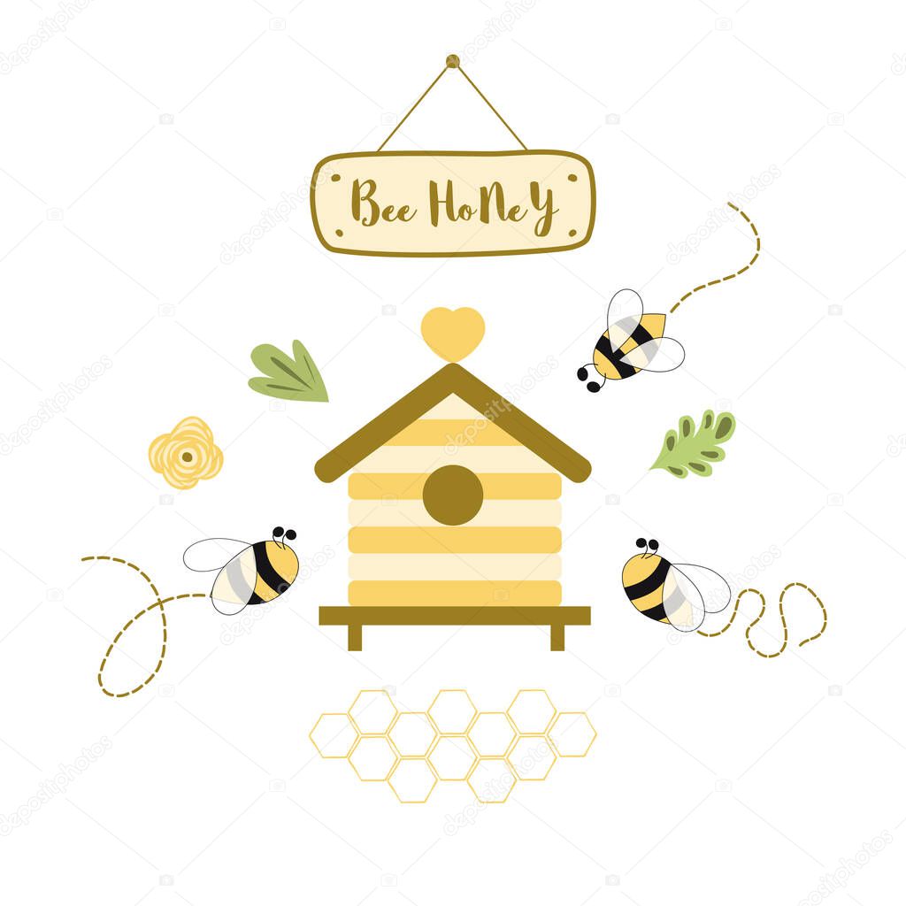 Bee honey Honey label design. Concept for organic honey products, package design. Cute yellow beehive text. Print flowers decor honeycomb Hand drawn cartoon style House Beekeeping Summer illustration.